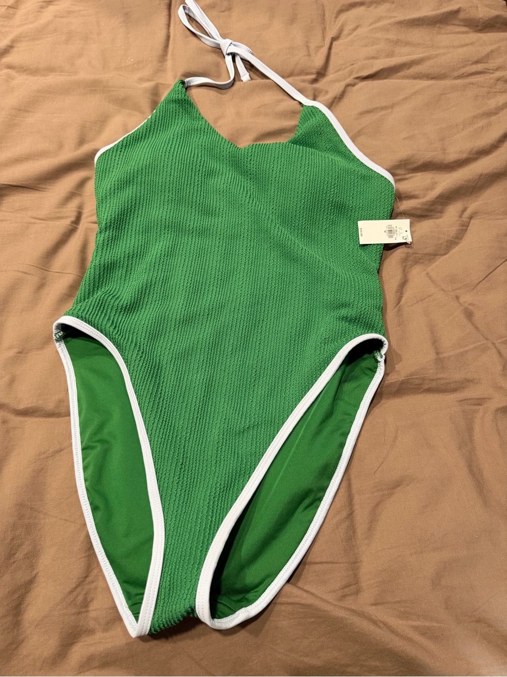 Old Navy Green One-Piece Swimsuit with Light Blue Trim and Halter Tie